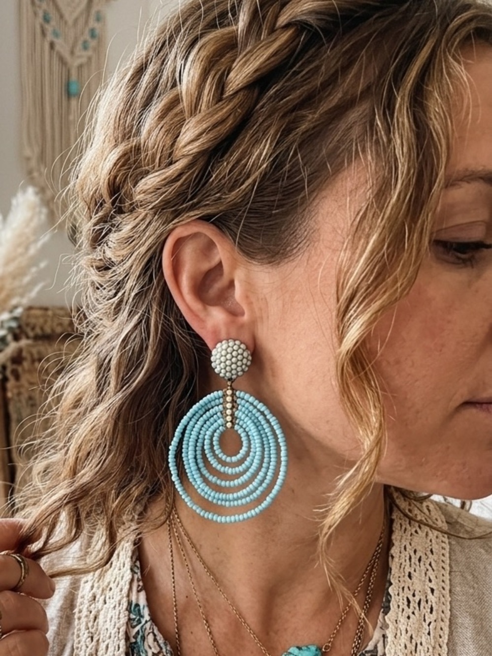BaubleBar turquoise Beaded Hoop Drop Earrings 3”